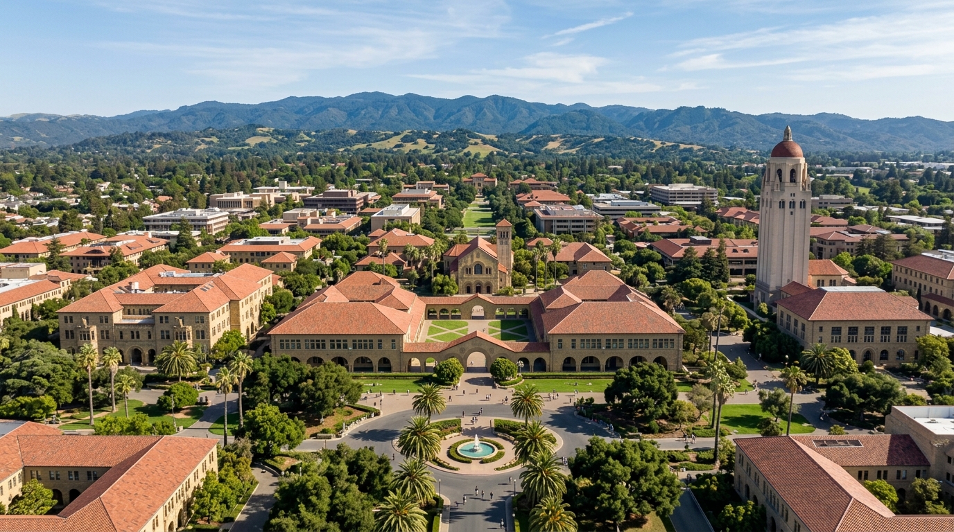Aerial panoramic view of Stanford University campus showing the Main Quad with its distinctive sandstone buildings, red tile roofs, Hoover Tower rising in the background, palm tree-lined walkways, and the foothills of the Santa Cruz Mountains under clear blue California sky