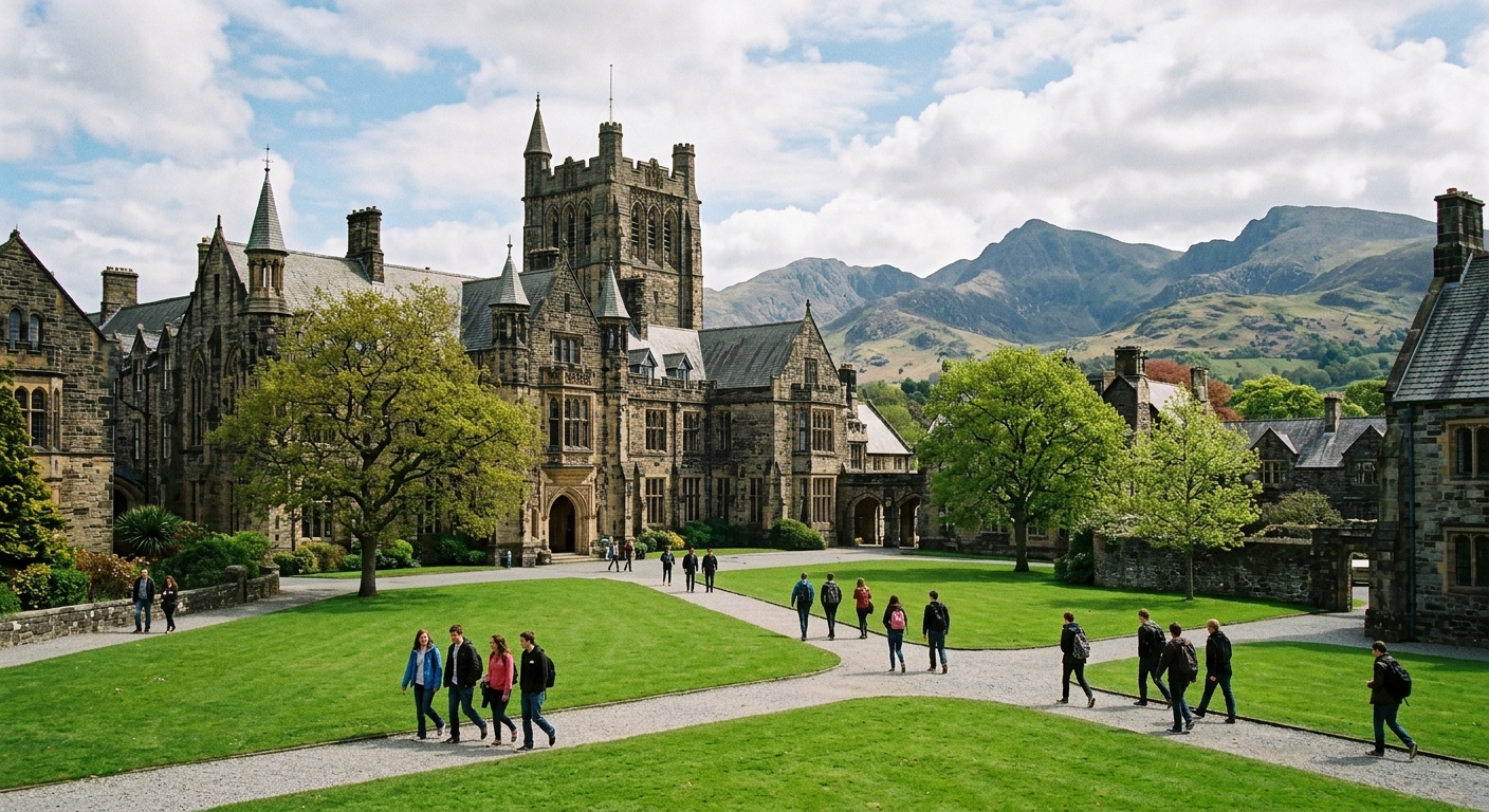 Bangor University historic campus buildings with Snowdonia mountains in the background, green lawns, students walking between Victorian stone buildings under a partly cloudy Welsh sky