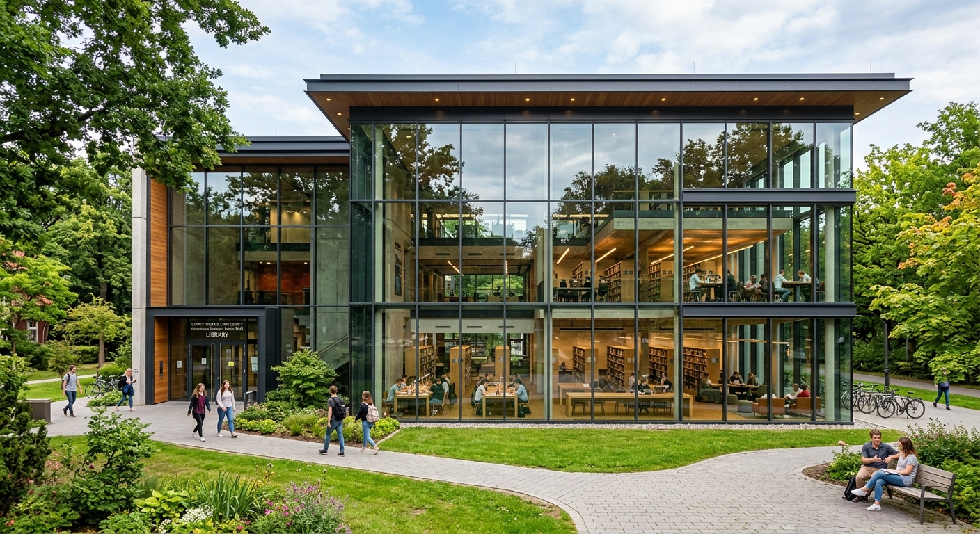 Constructor University Information Resource Center (IRC) library building, modern architecture with large glass windows, students studying inside, green campus surroundings