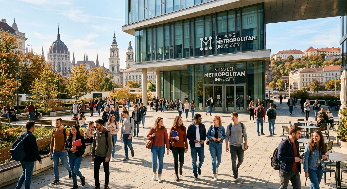 Modern Budapest Metropolitan University campus building with international students walking through a sunlit courtyard, historic Budapest architecture visible in the background, vibrant urban university setting
