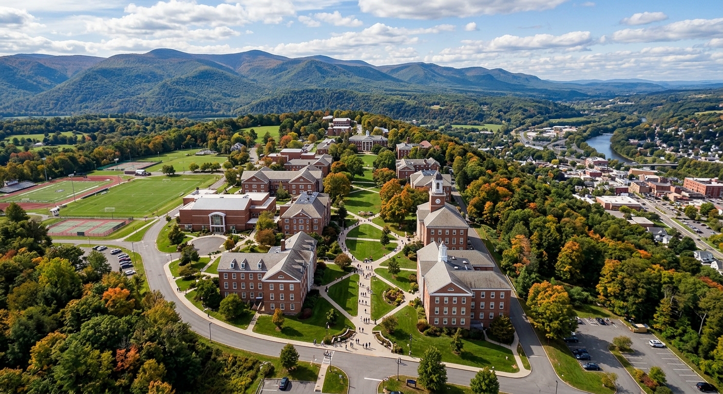 Aerial view of Hartwick College hilltop campus in Oneonta New York with red brick buildings, green lawns, and the Catskill Mountains in the background, students walking between academic halls