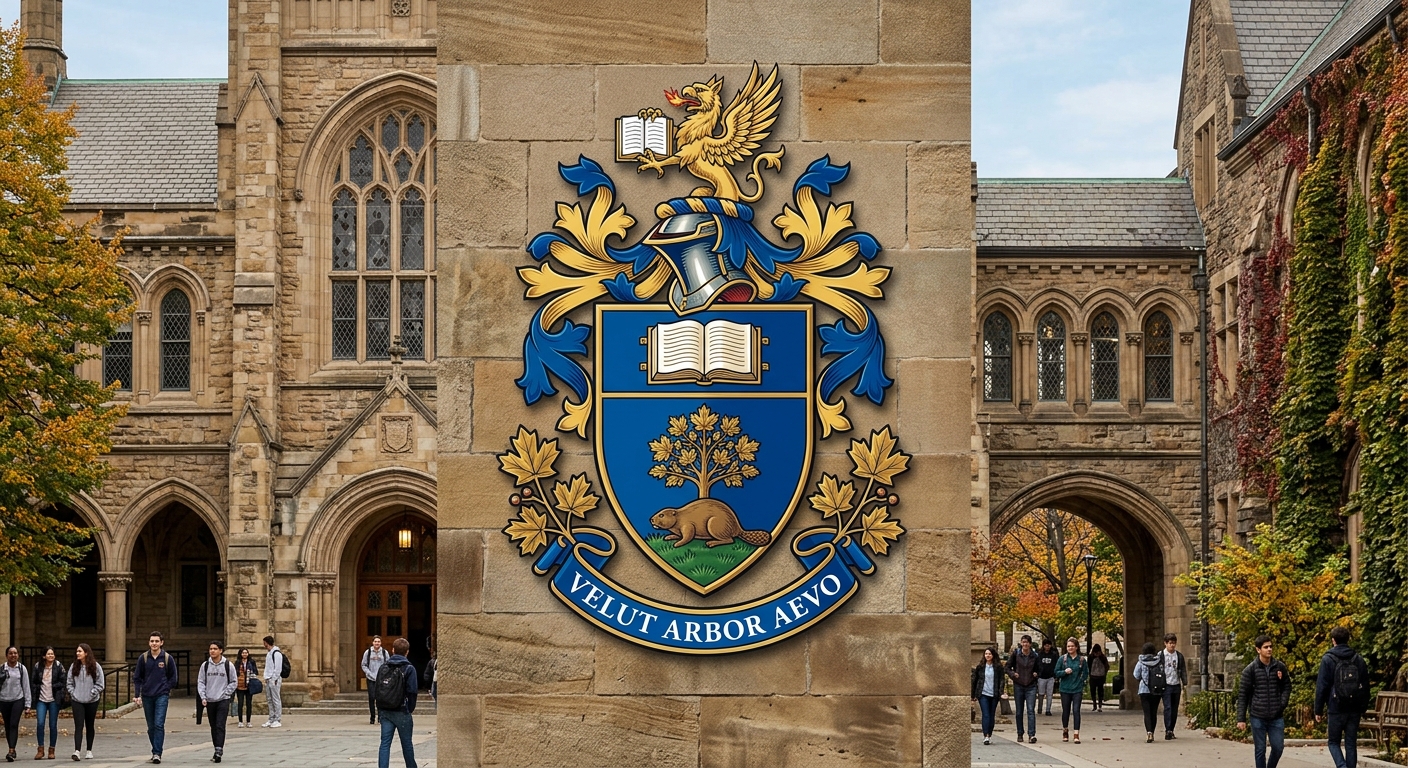 University of Toronto official logo, blue shield crest with open book, tree, and beaver, Latin motto Velut Arbor Aevo on banner