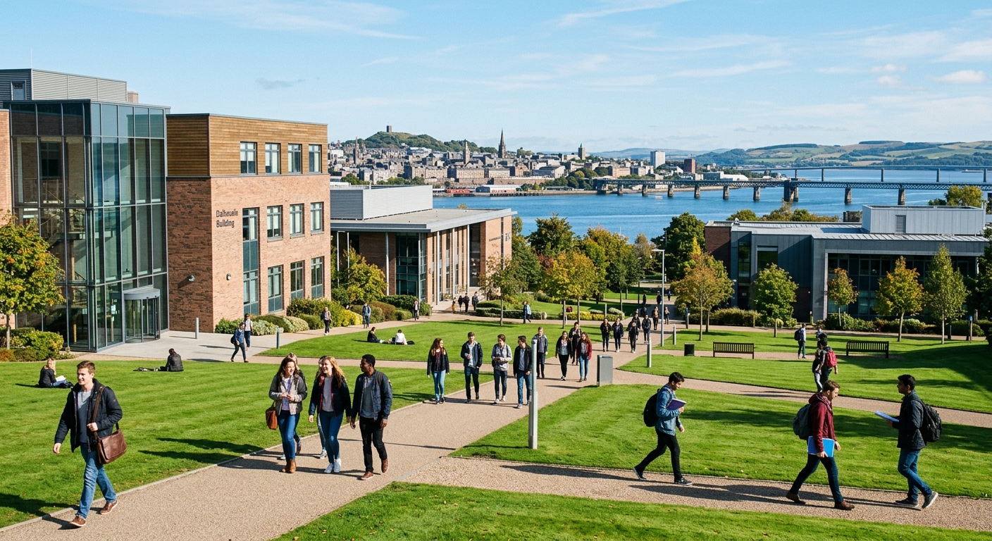University of Dundee modern campus buildings with green lawns, students walking between lecture halls, Scottish cityscape with River Tay in the background, clear sky