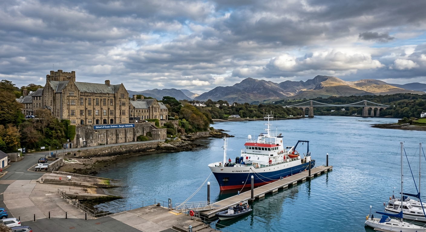 Bangor University School of Ocean Sciences building overlooking the Menai Strait in North Wales, with the research vessel Prince Madog docked nearby, mountains of Snowdonia visible in the background under a dramatic coastal sky