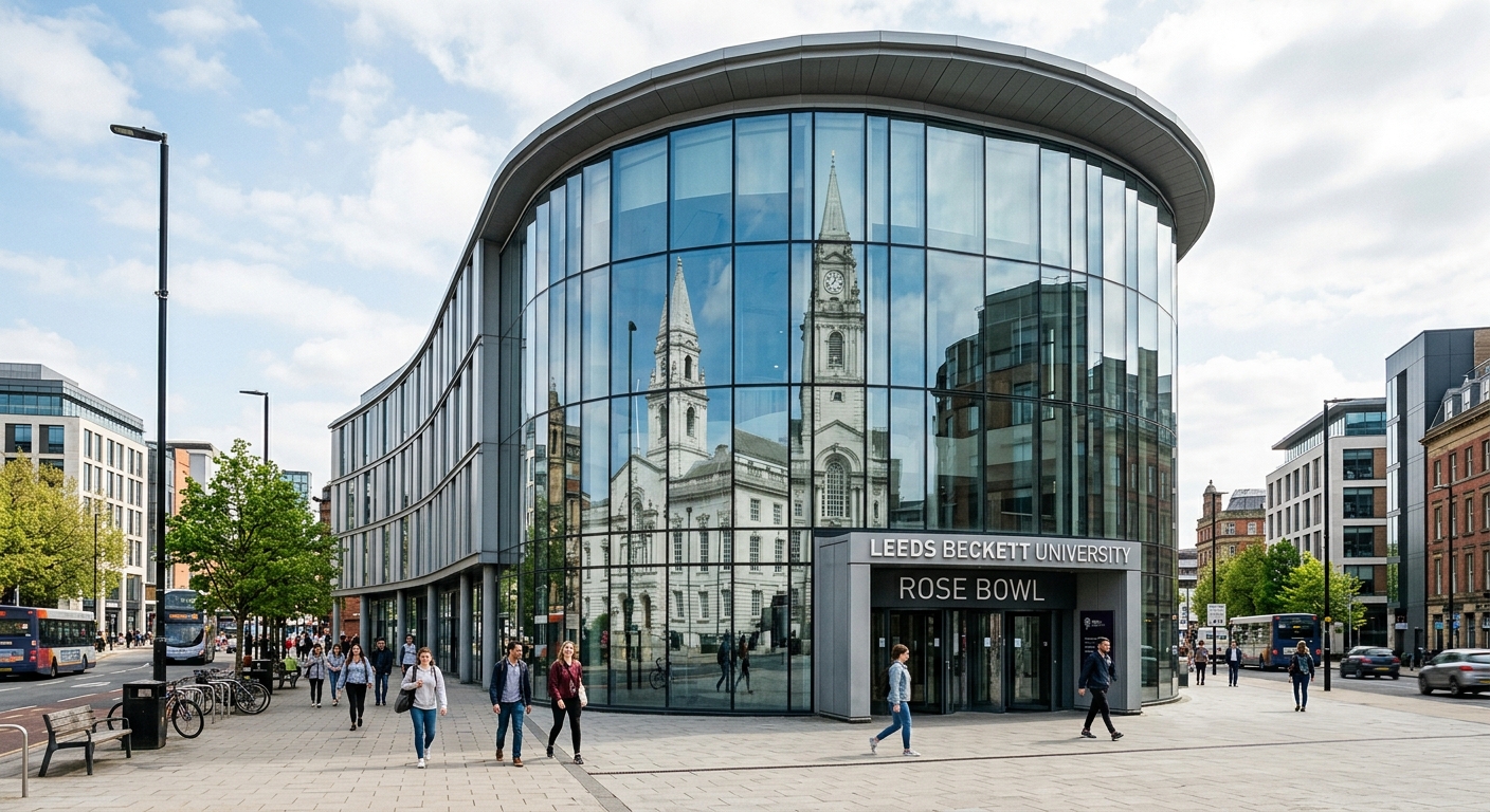 Leeds Beckett University Rose Bowl building, curved glass facade reflecting Leeds Civic Hall, modern architecture, city centre setting with pedestrians