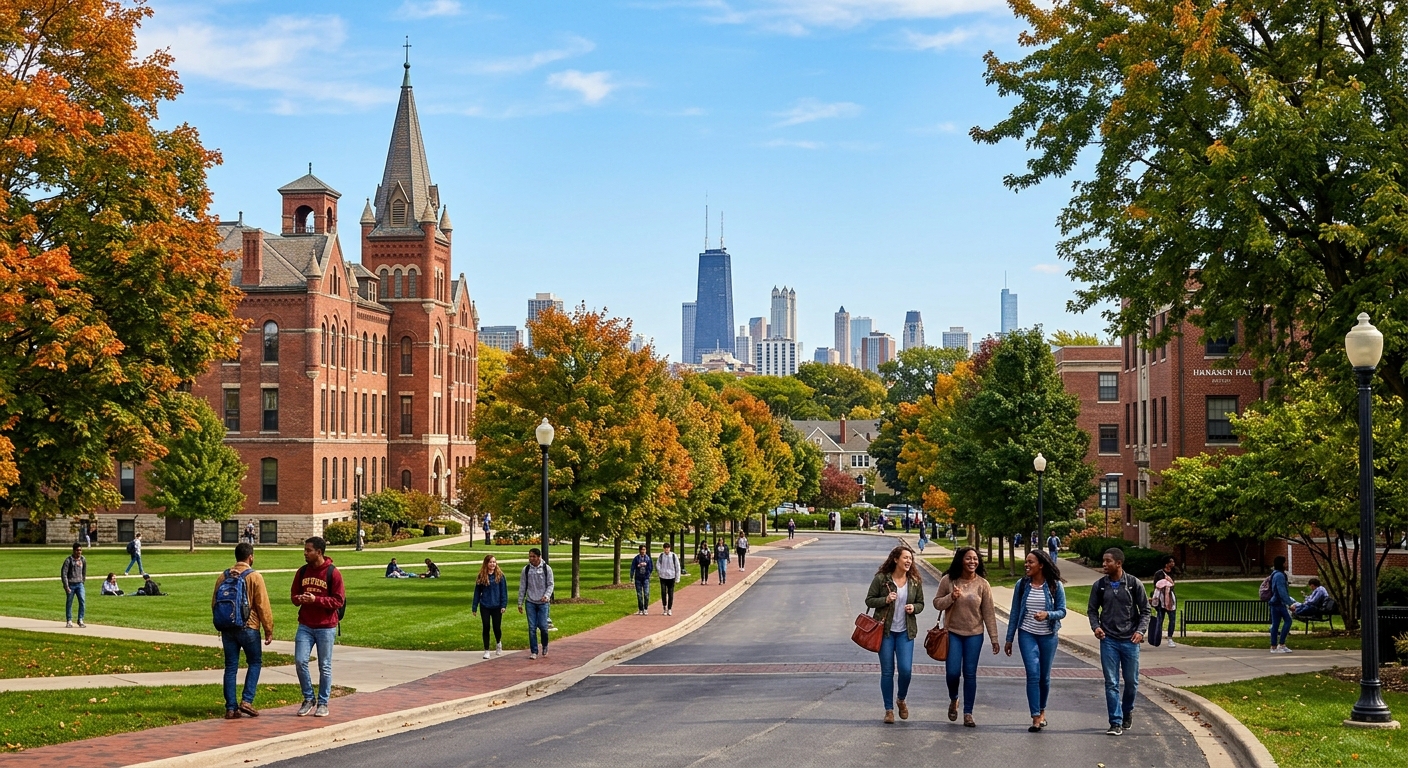 North Park University campus in Chicago with historic brick buildings, green lawns, and students walking along tree-lined paths with the Chicago skyline visible in the background