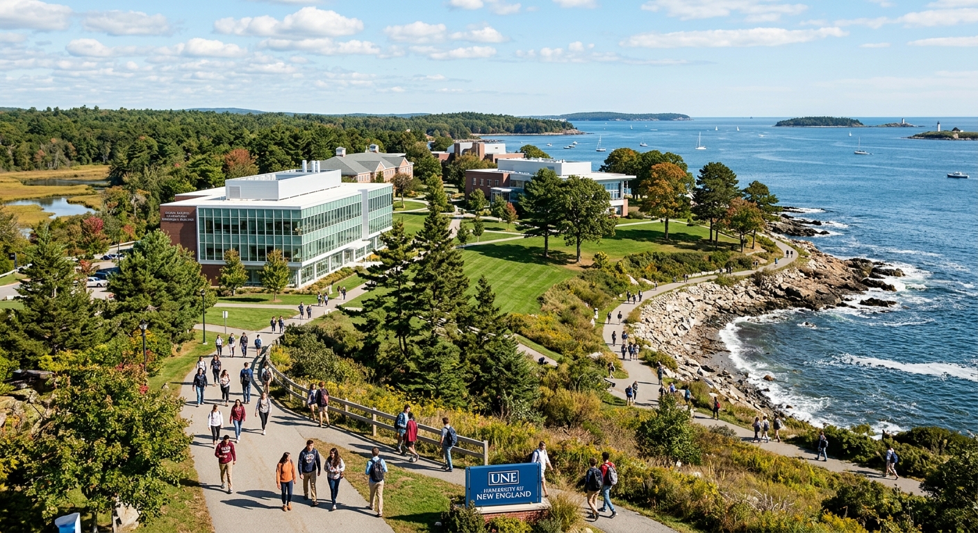Coastal campus of the University of New England in Biddeford Maine, featuring green lawns, modern academic buildings, Atlantic Ocean coastline, students walking along seaside paths with woodlands and wetlands in the background