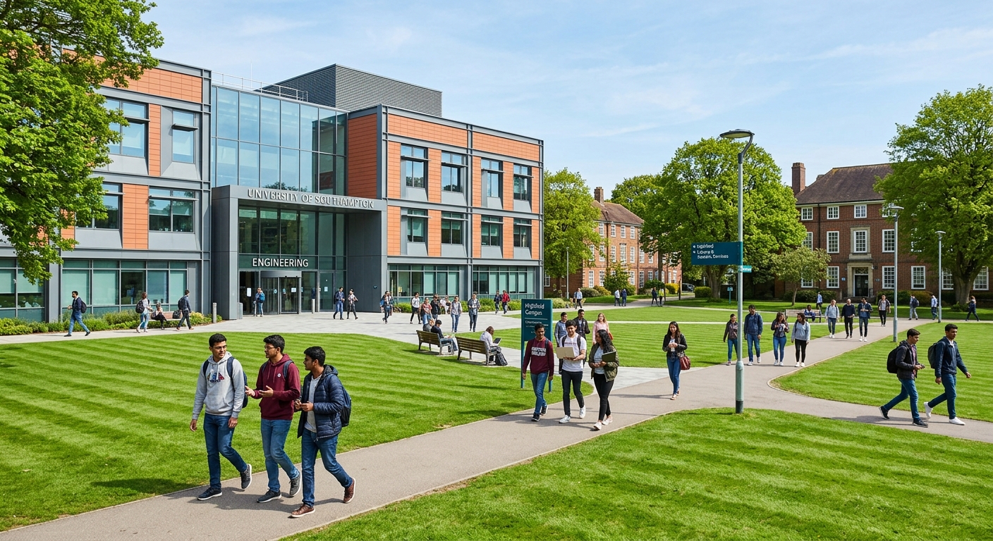 University of Southampton Highfield Campus with modern engineering building, green lawns, students walking along pathways, bright daylight, UK university setting
