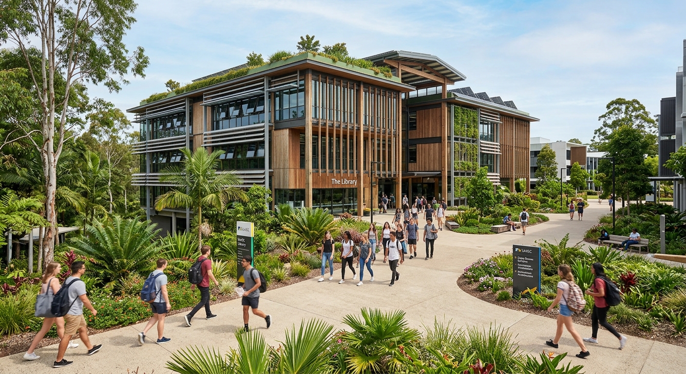 UniSC Sippy Downs campus modern library building with sustainable architecture, natural ventilation design, subtropical landscaping, students walking on pathways