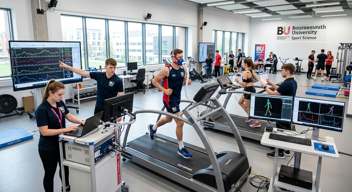 Bournemouth University sport science laboratory with students performing physiological testing on athletes, modern equipment including treadmills and biomechanics analysis screens, bright well-equipped facility