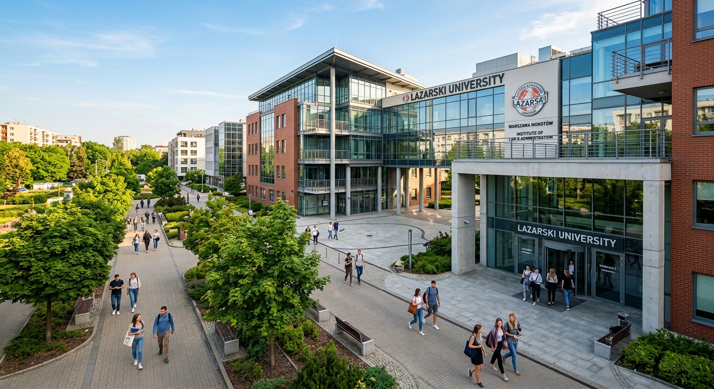 Lazarski University modern campus buildings in Warsaw Mokotow district, contemporary architecture with glass facades, green trees lining walkways, students walking between academic sectors, warm daylight