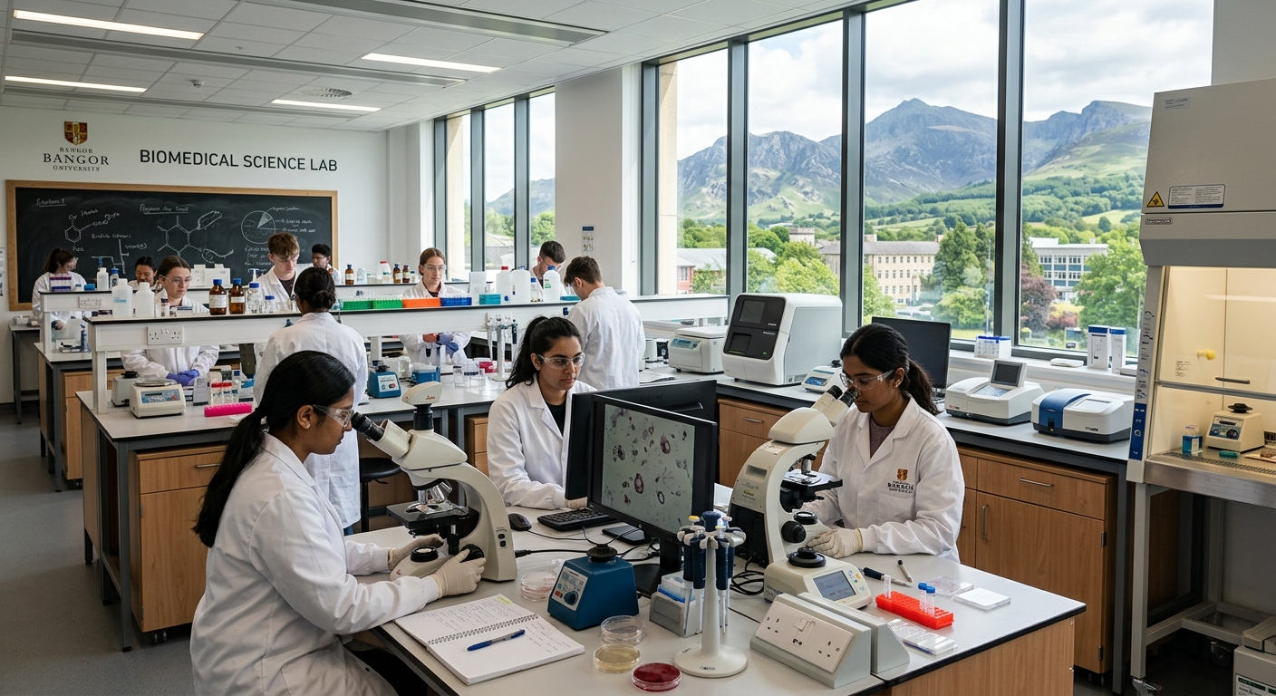 Modern biomedical science laboratory at Bangor University with students in white lab coats using microscopes and diagnostic equipment, bright natural light streaming through windows, mountains of Snowdonia visible in the background through campus windows