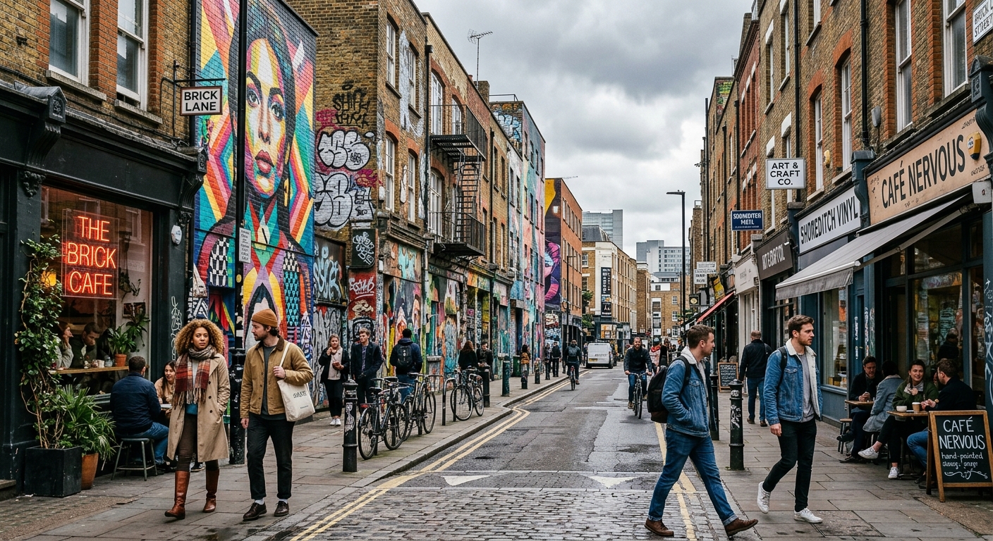 Shoreditch London street scene, colorful street art murals on brick buildings, trendy cafes and independent shops, young creative professionals walking, overcast British sky, urban energy