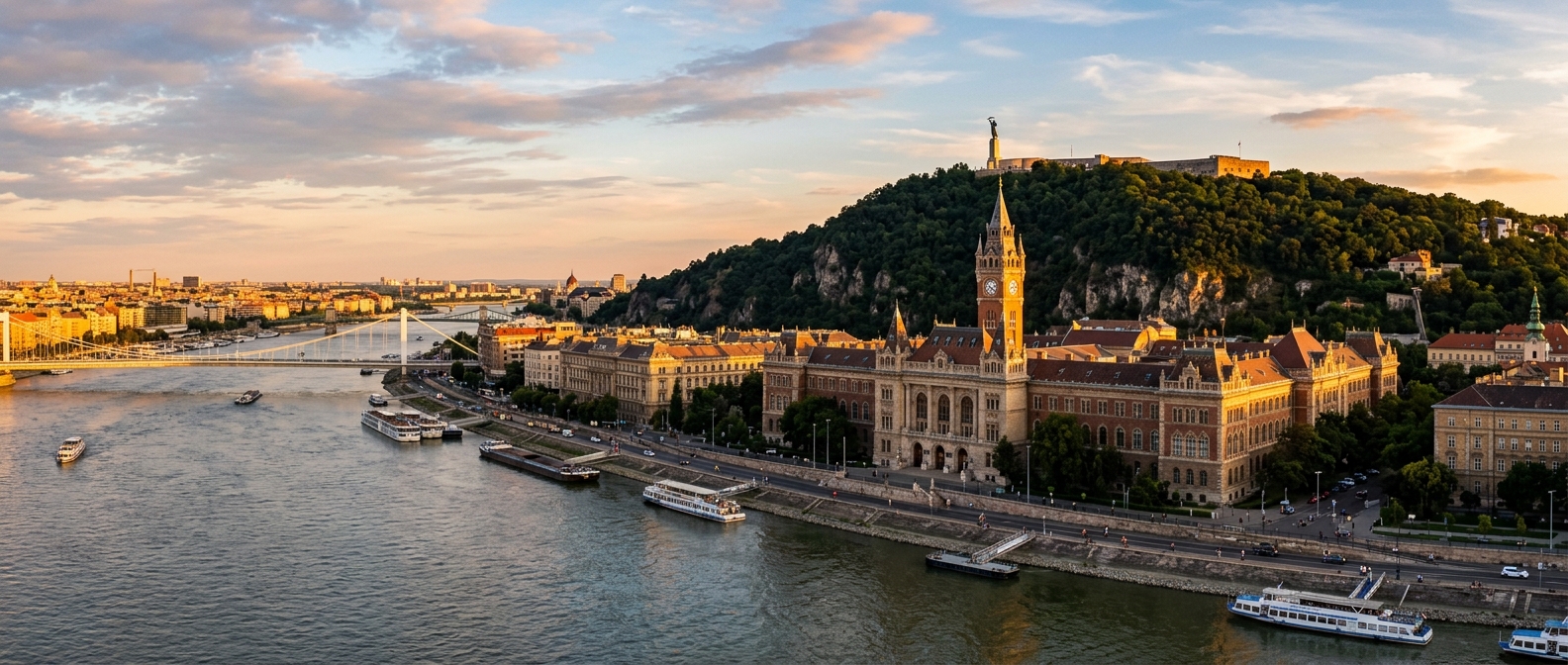 Panoramic view of Budapest University of Technology and Economics campus along the Danube River, historic neo-Renaissance main building with clock tower, Gellért Hill in background, golden hour lighting