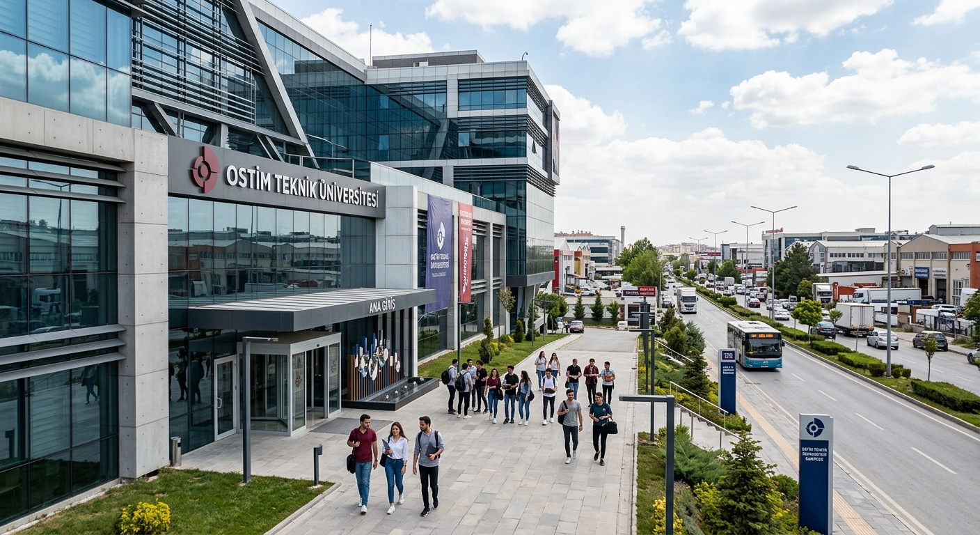 Modern OSTIM Technical University main campus building on 100. Yil Boulevard, contemporary architecture with glass facades, students walking near the entrance, industrial zone backdrop