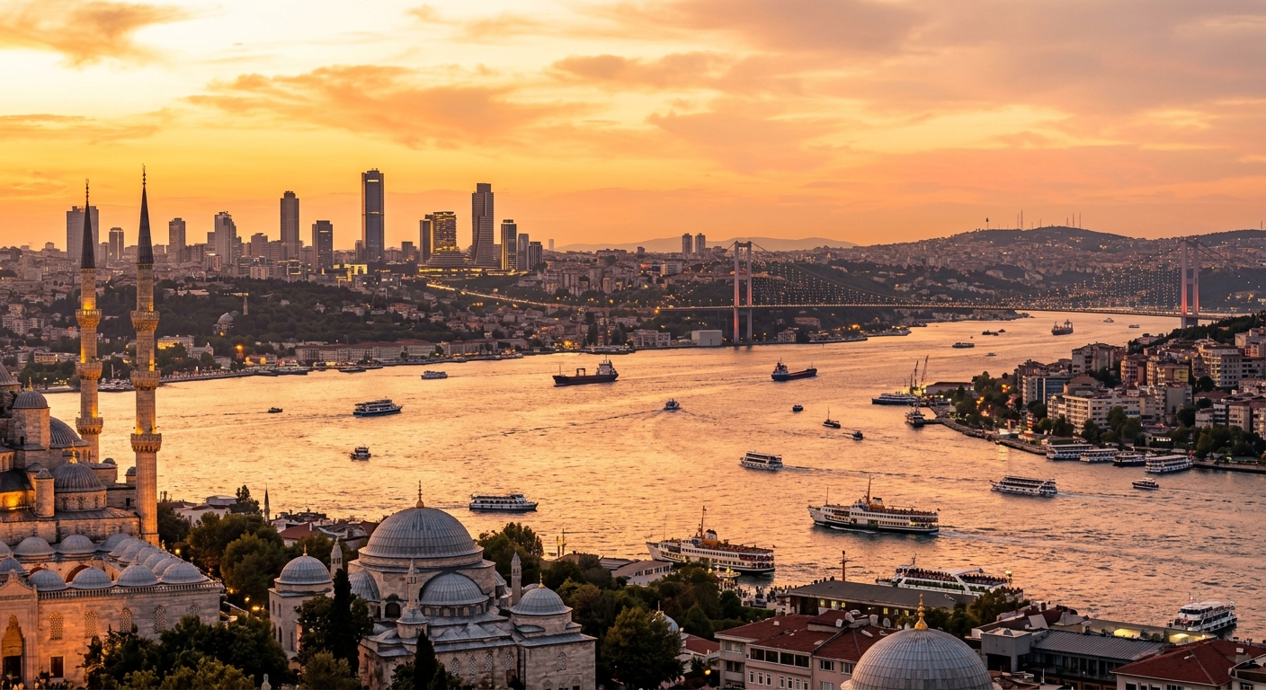 Istanbul panoramic cityscape at sunset, Bosphorus strait with boats, minarets and modern skyscrapers, golden light reflecting on water, European and Asian sides visible