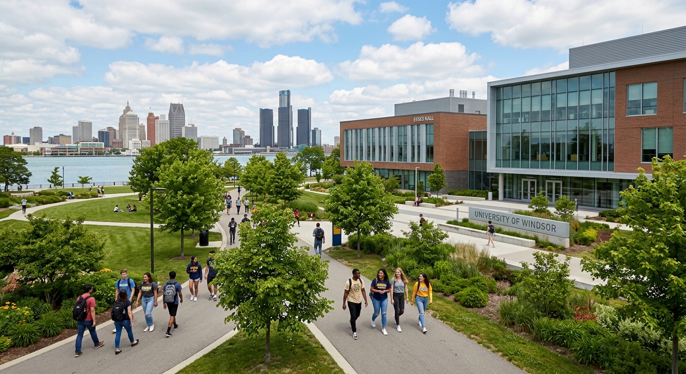 University of Windsor campus with modern science buildings surrounded by green spaces, Great Lakes region visible in the background, students walking along tree-lined pathways on a sunny day