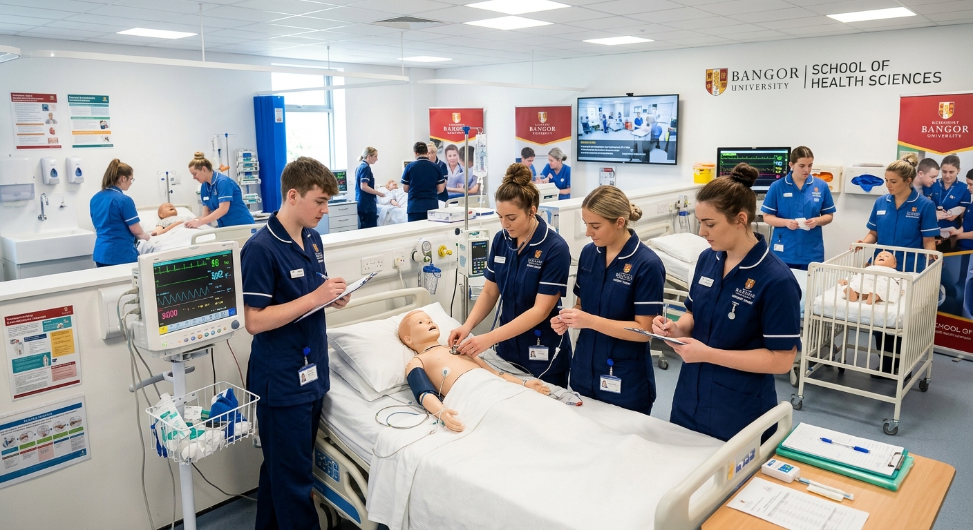Modern nursing simulation laboratory at Bangor University with clinical training mannequins, student nurses in blue uniforms practicing paediatric care, bright overhead lighting, medical equipment and monitors visible in background