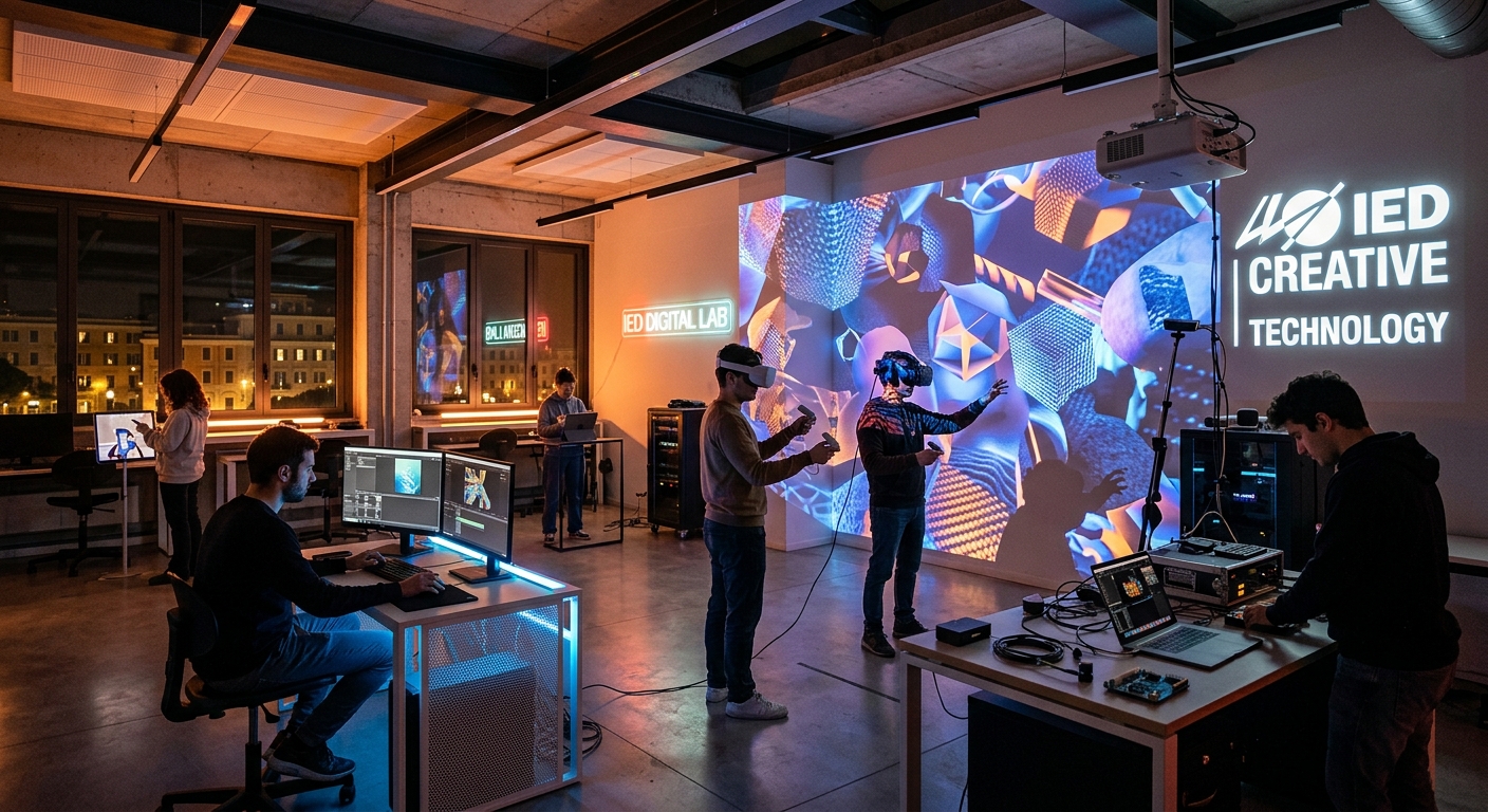 Modern digital art studio at IED Rome campus with students working on immersive VR and AR installations, projection mapping on walls, ambient colored lighting, and creative technology equipment in a contemporary Italian design school setting