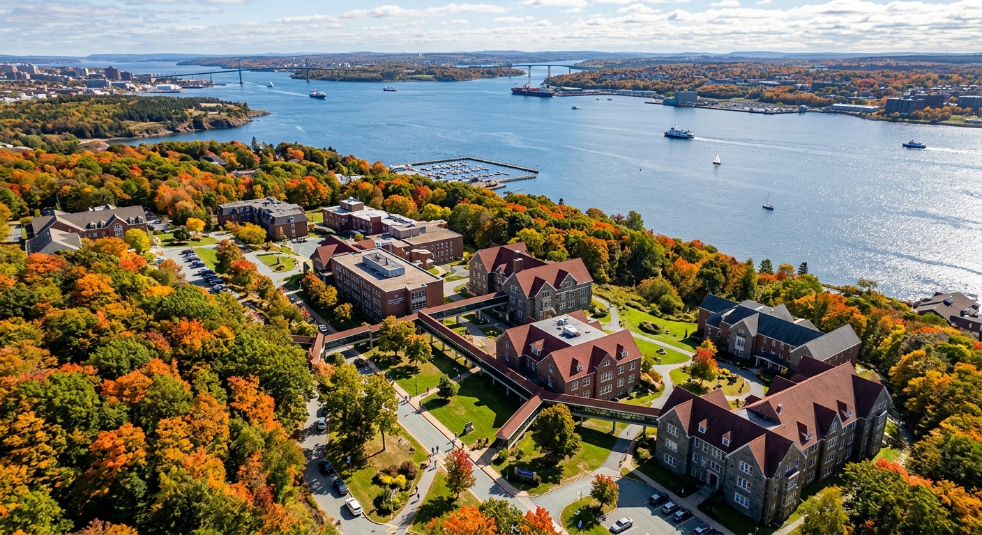 Aerial view of Mount Saint Vincent University campus in Halifax, Nova Scotia, showing tree-lined grounds overlooking Bedford Basin with academic buildings connected by covered walkways, autumn foliage, and harbour waters in the background