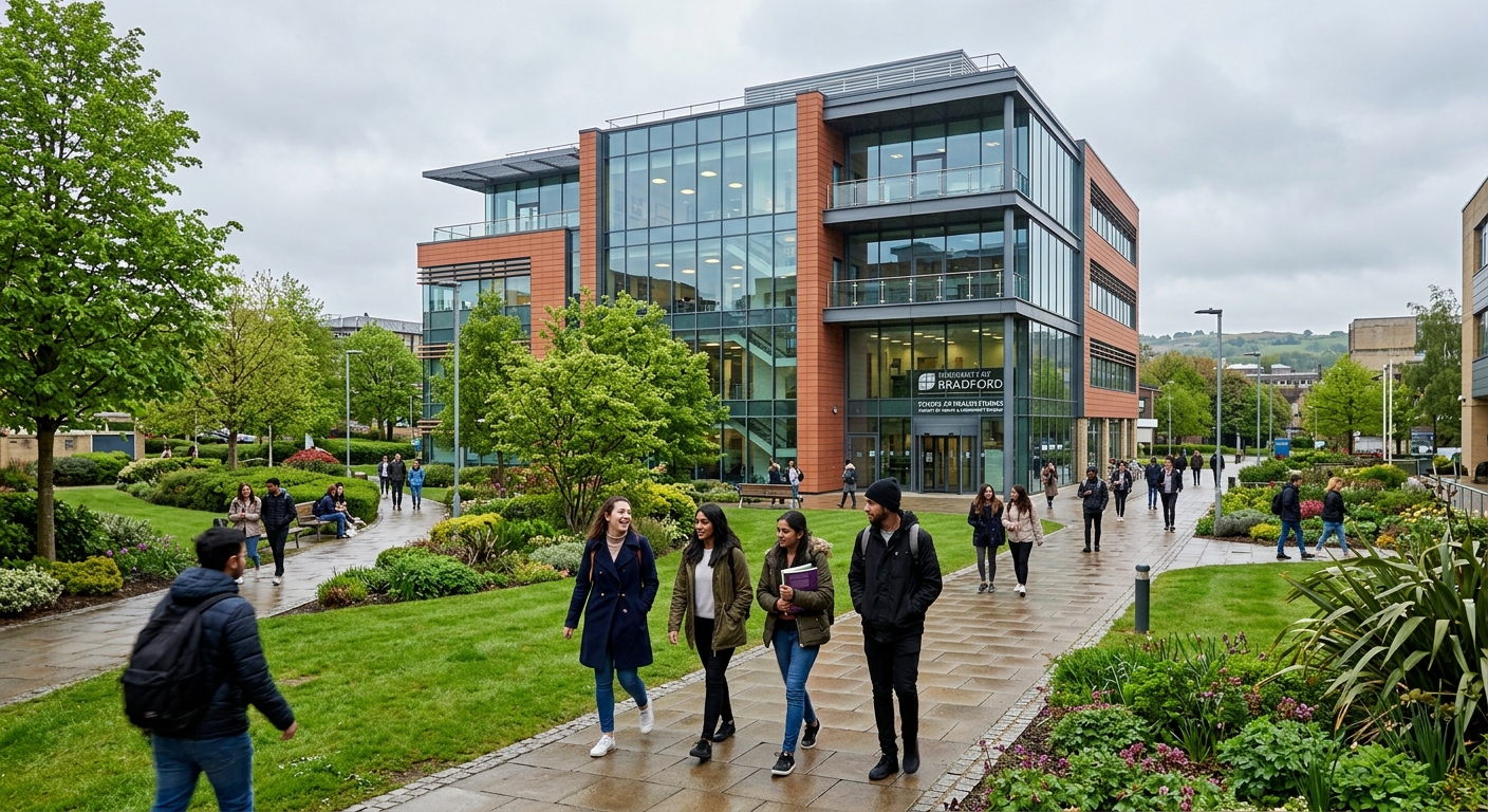 University of Bradford campus in West Yorkshire, modern healthcare education building with glass facade, green landscaped courtyard, students walking along pathways, overcast British sky