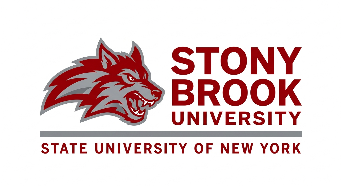 Stony Brook University official logo featuring the Seawolf mascot and university name in red and gray colors on white background