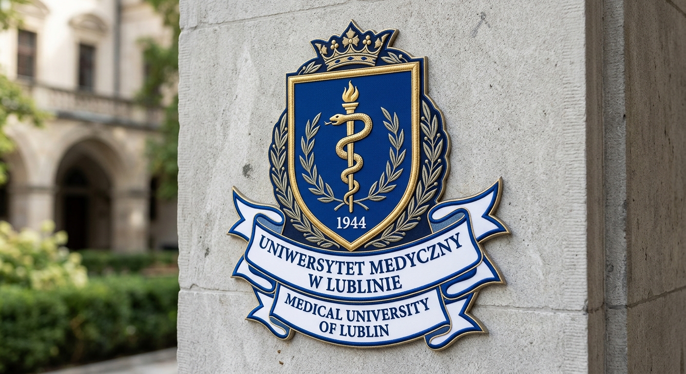 Medical University of Lublin official logo, blue and white shield emblem with Aesculapian staff symbol and university name in Polish and English