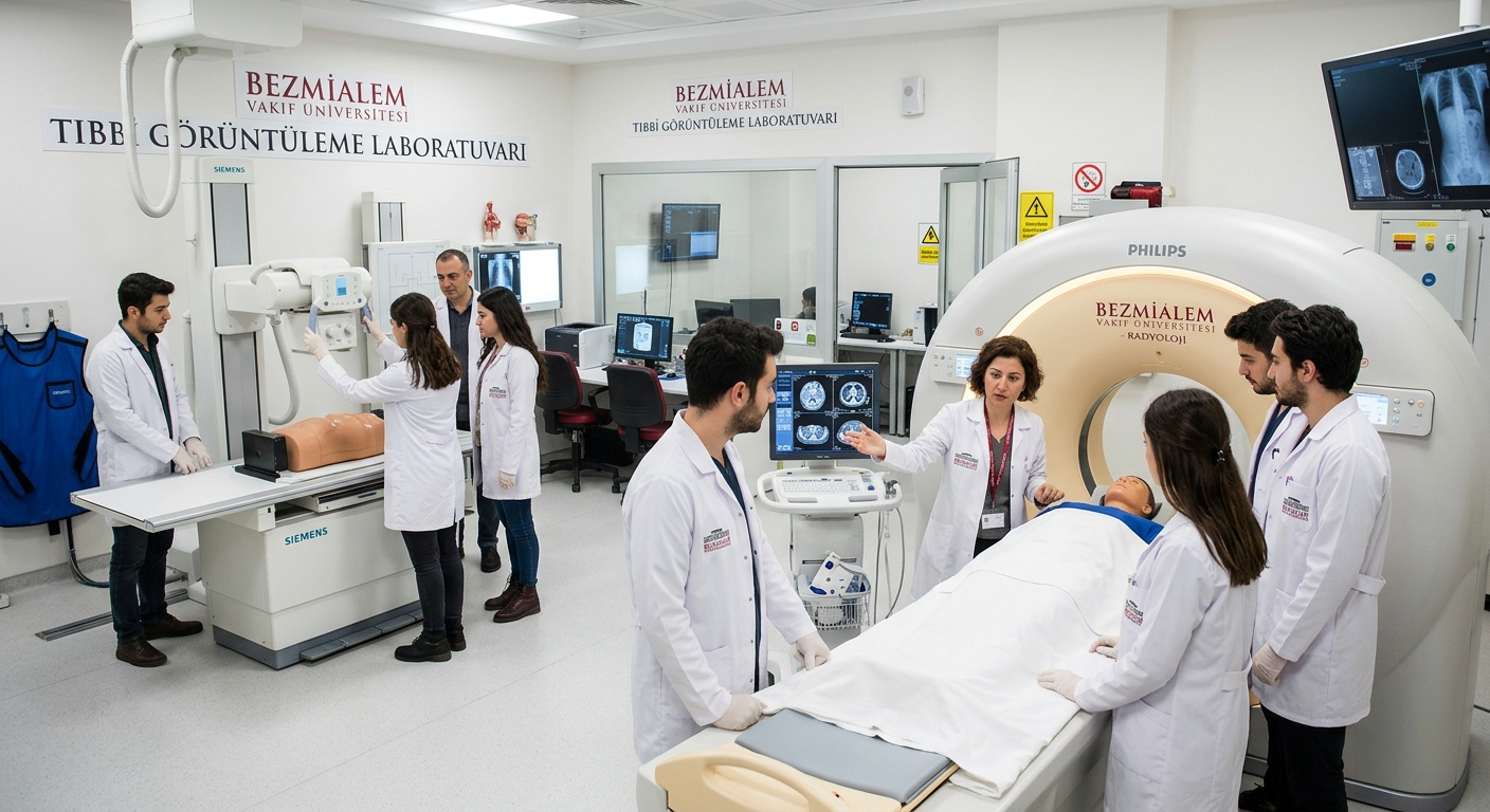 Modern medical imaging laboratory at Bezmialem Vakıf University in Istanbul, Turkey, featuring CT scanner and X-ray equipment with students in white lab coats practicing under supervision, bright clinical lighting