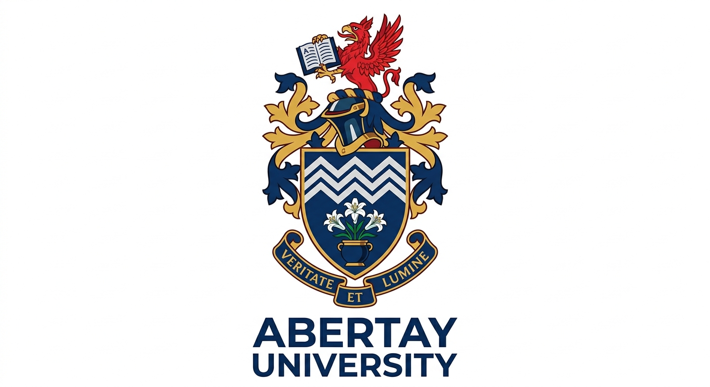 Abertay University official logo, coat of arms featuring three chevrons, pot of lilies, books, dark blue and red colour scheme on white background