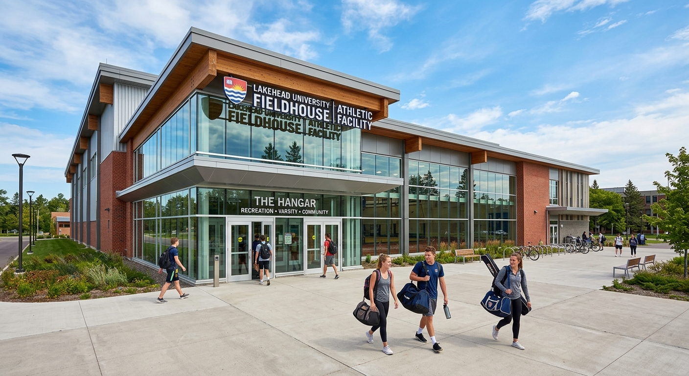 Lakehead University Fieldhouse athletic facility exterior, large modern sports complex with glass entrance, students entering with gym bags, blue sky overhead