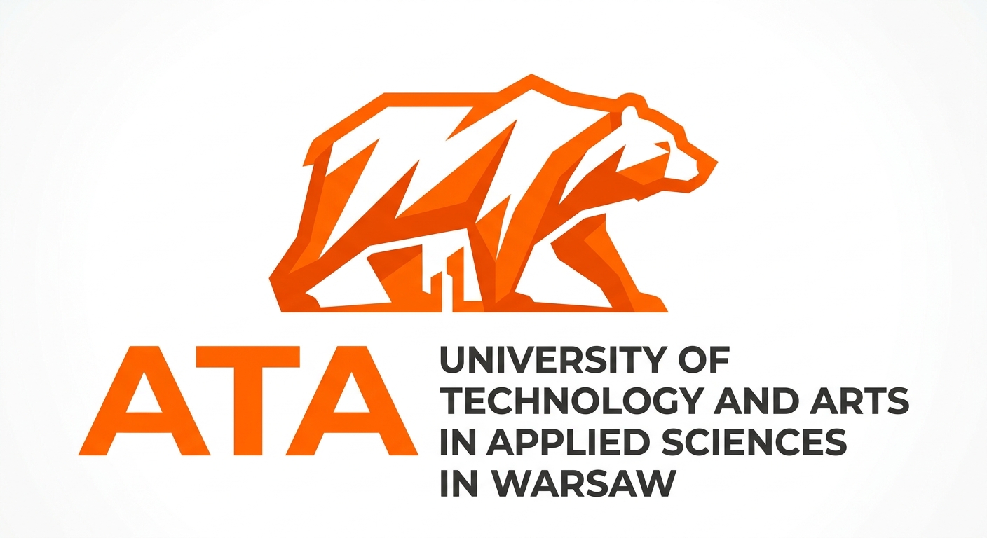 University of Technology and Arts in Applied Sciences in Warsaw ATA logo featuring a stylized bear symbol in orange, modern sans-serif typography