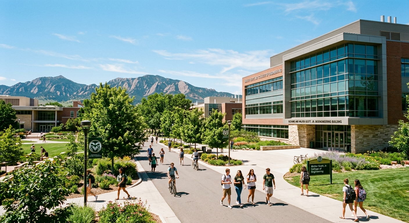 Colorado State University campus with the Walter Scott Jr. College of Engineering building, students walking on tree-lined pathways with the Rocky Mountain foothills visible in the background, bright sunny day in Fort Collins Colorado