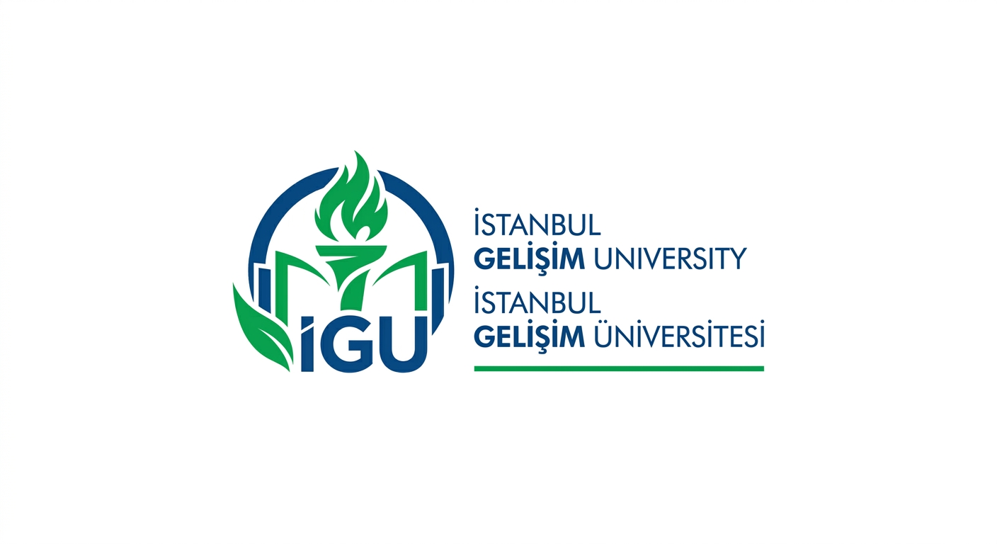 Istanbul Gelisim University official logo, blue and green emblem with IGU initials and stylized torch symbol on white background