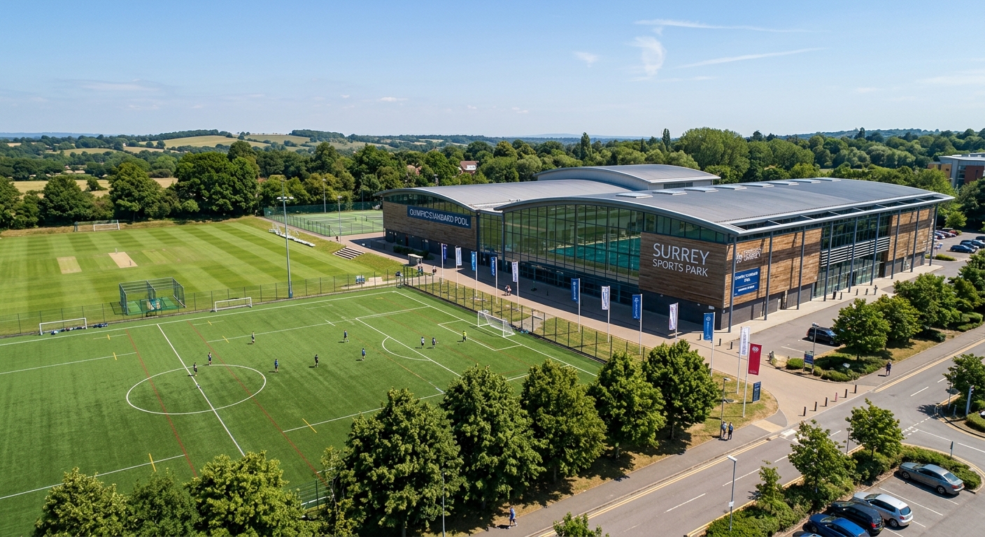 Surrey Sports Park exterior view with Olympic-standard swimming pool building, outdoor sports pitches, modern architecture, daytime setting