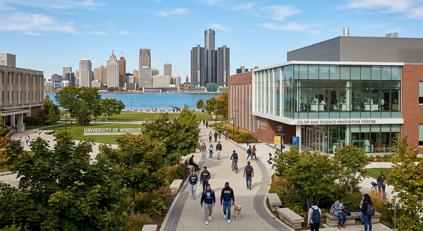 University of Windsor campus with modern science building, Detroit River waterfront in background, students walking along tree-lined pathways, clear sky over Windsor Ontario Canada