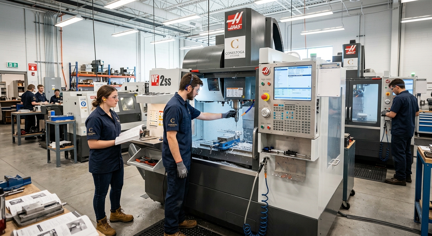 Industrial CNC machining workshop at Conestoga College with students operating advanced computer numerical control milling machines, metal shavings visible, bright overhead lighting, safety equipment worn