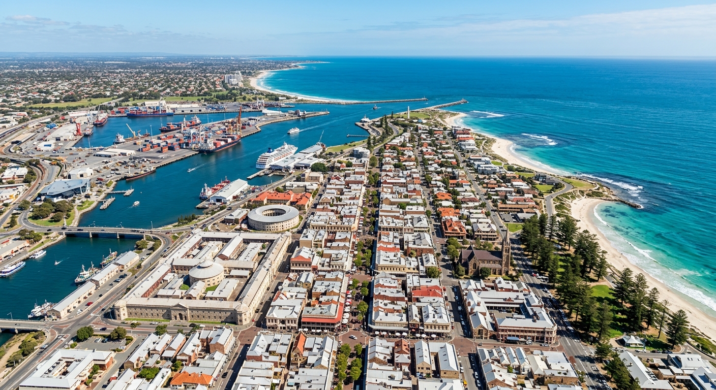 Aerial view of Fremantle Western Australia showing historic port city at the mouth of the Swan River, colonial architecture, Fremantle Harbour with ships, Indian Ocean coastline, clear blue sky, vibrant cafe strip