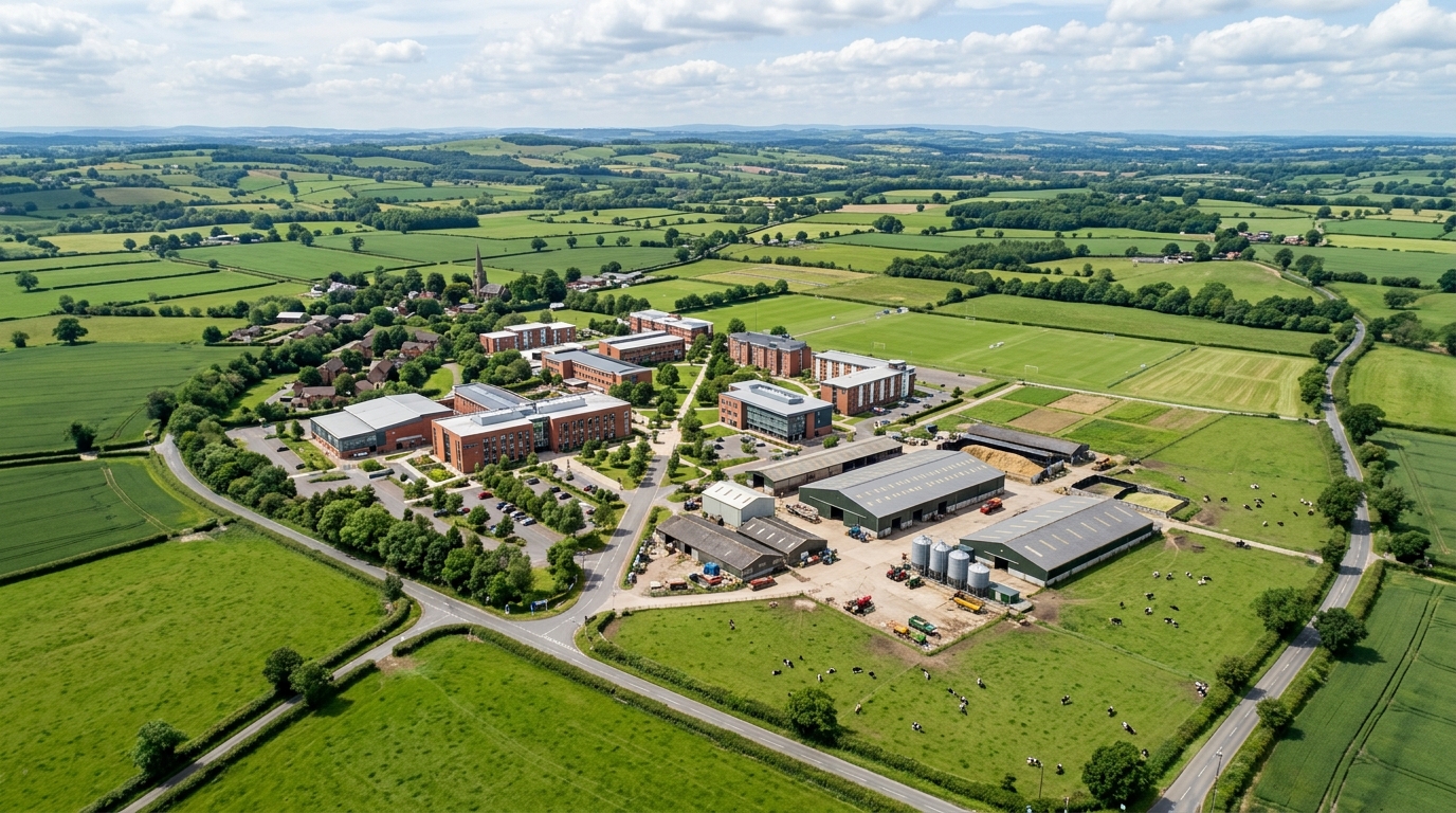Aerial view of Harper Adams University campus surrounded by green farmland and rolling Shropshire countryside, with modern academic buildings alongside a working farm, under a bright sky