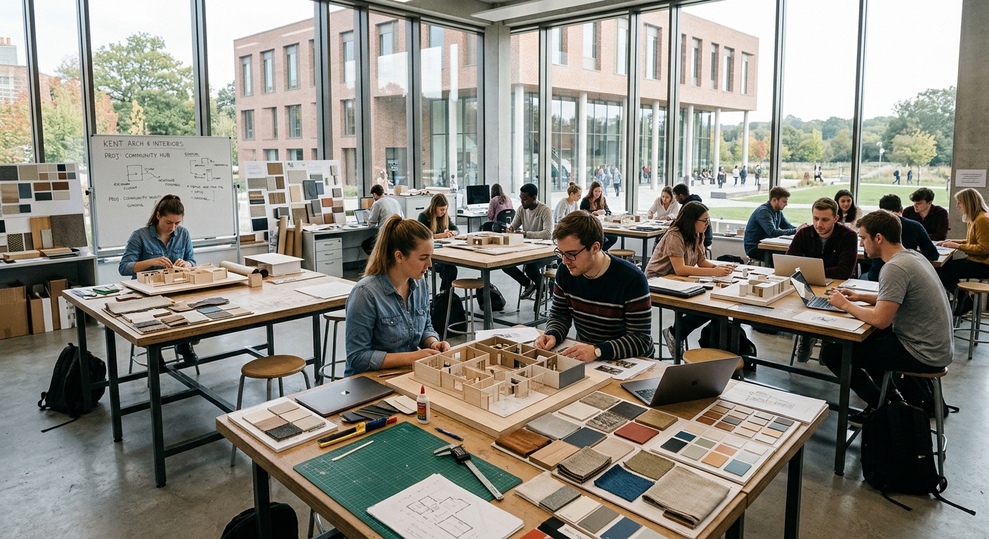Modern design studio at the University of Kent Canterbury campus, students working on spatial models and interior design projects, large windows with natural light, scale models and material samples on worktables, Marlowe building architecture visible