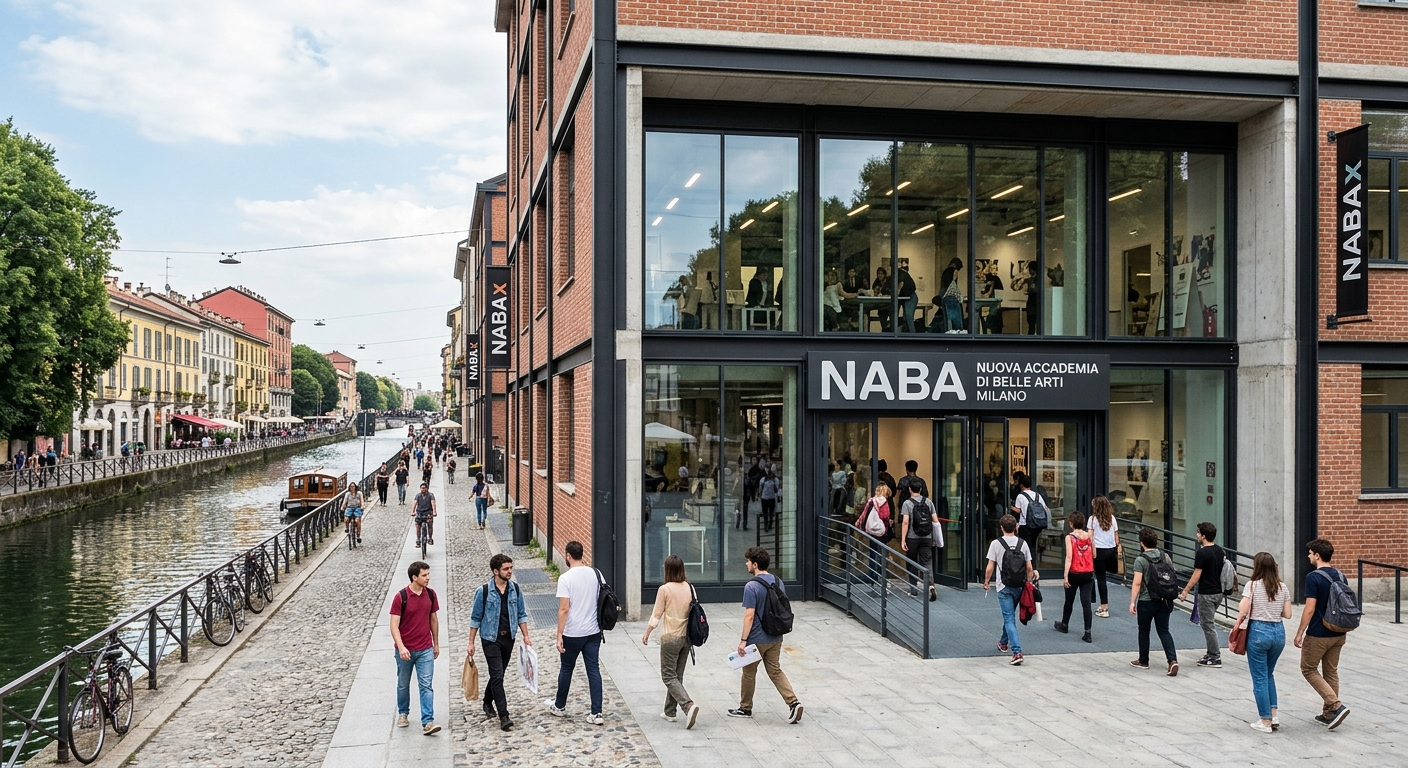 NABA Milan campus modern building exterior in Navigli district, industrial-chic architecture with large windows, students entering through main entrance, canal visible in background