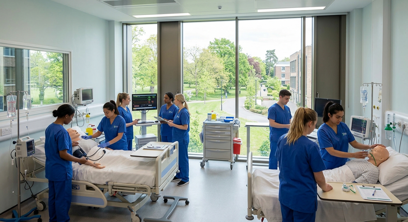 University of Roehampton campus with modern Clinical Simulation Centre, nursing students in blue scrubs practicing clinical skills on simulation mannequins, bright teaching laboratory with medical equipment, parkland campus visible through large windows