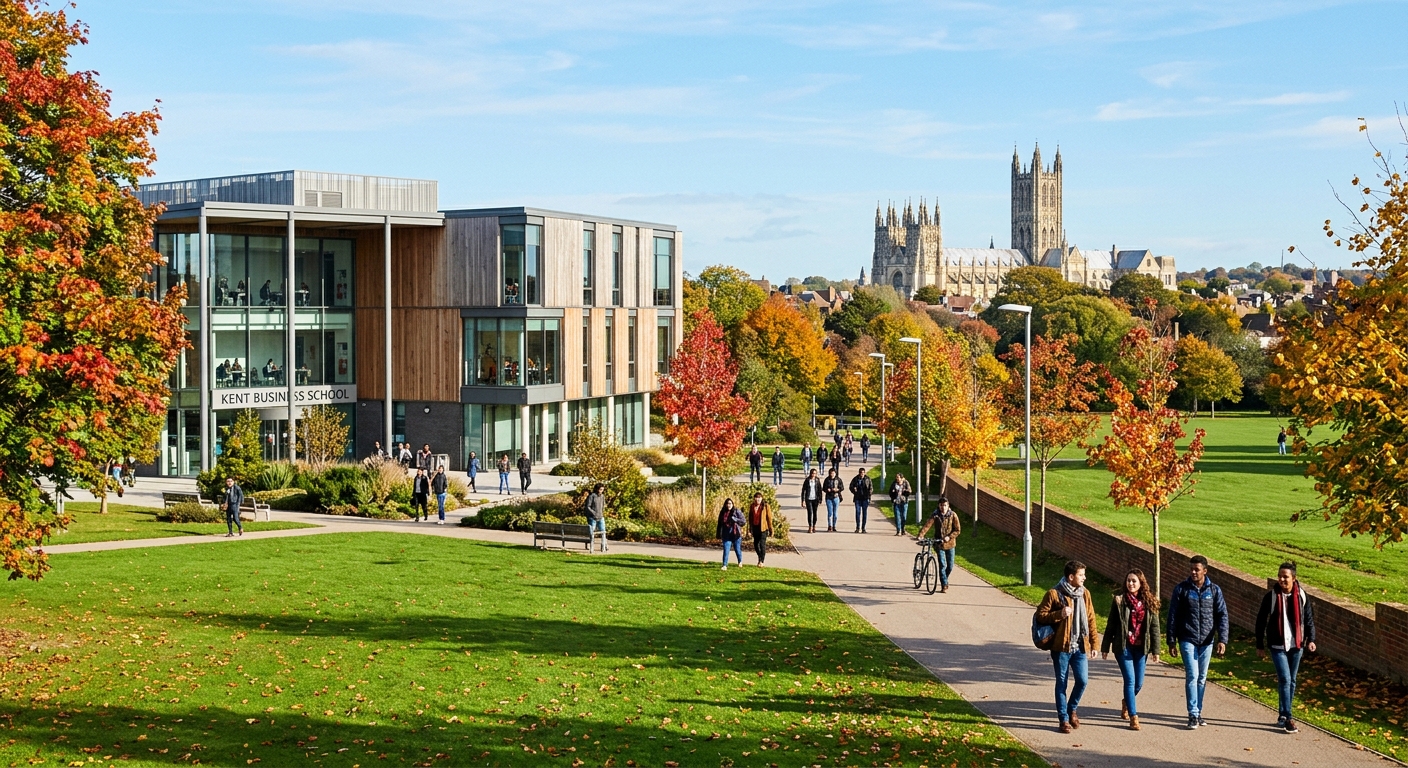 University of Kent Canterbury campus with modern Kent Business School building, green parkland, students walking along pathways, historic Canterbury Cathedral visible in the background, bright autumn day
