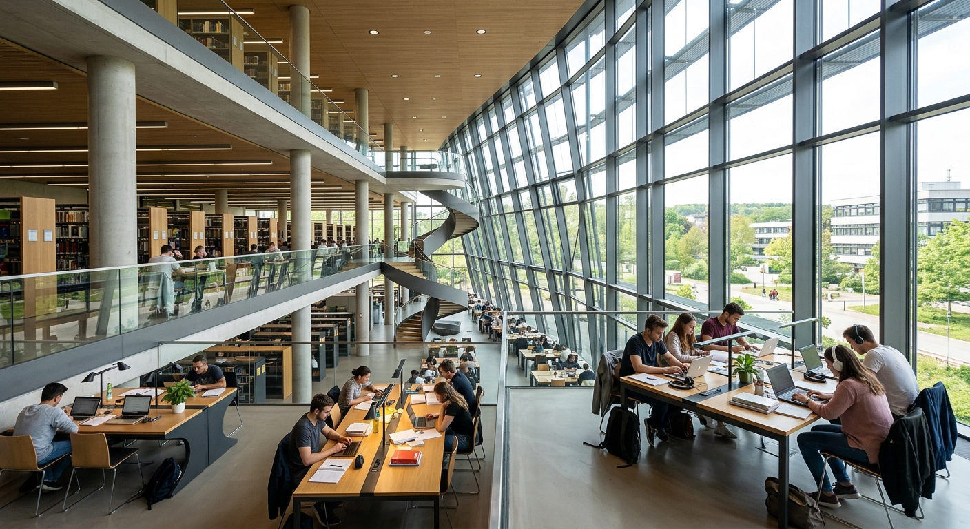 TU Dortmund University central library interior, modern study spaces with students, large windows and contemporary architecture
