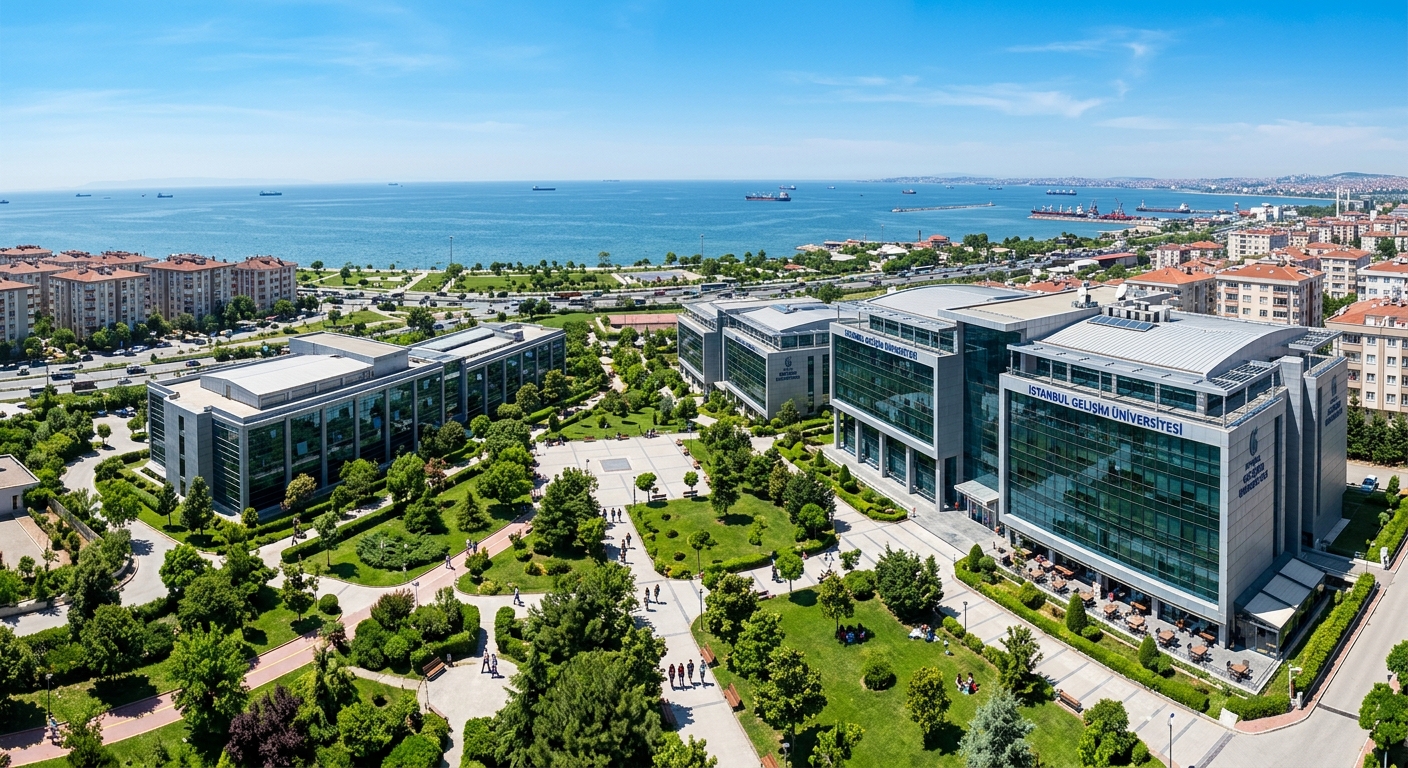 Istanbul Gelisim University campus wide shot in Avcilar district, modern university buildings with glass facades, green landscaped grounds, Sea of Marmara coastline visible in background, clear blue sky