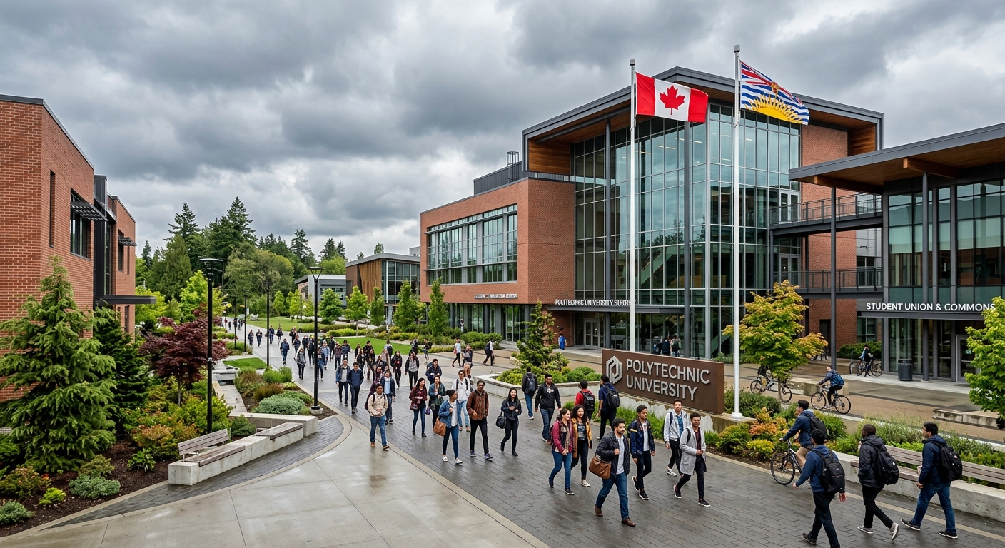 Modern polytechnic university campus in Surrey, British Columbia, with contemporary glass and brick buildings, green landscaped walkways, diverse students walking between classes, Canadian flag visible, overcast Pacific Northwest sky