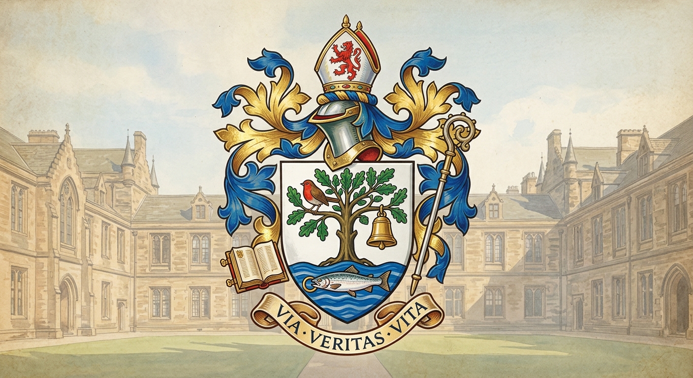 University of Glasgow official coat of arms logo featuring a tree, bird, bell, and fish on a shield with the motto Via Veritas Vita