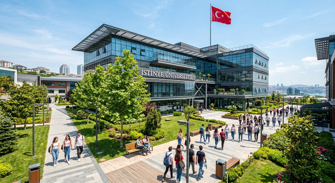 Modern Istinye University campus building in Istanbul with students walking through a landscaped courtyard, contemporary glass and steel architecture, Turkish flag visible, bright sunny day