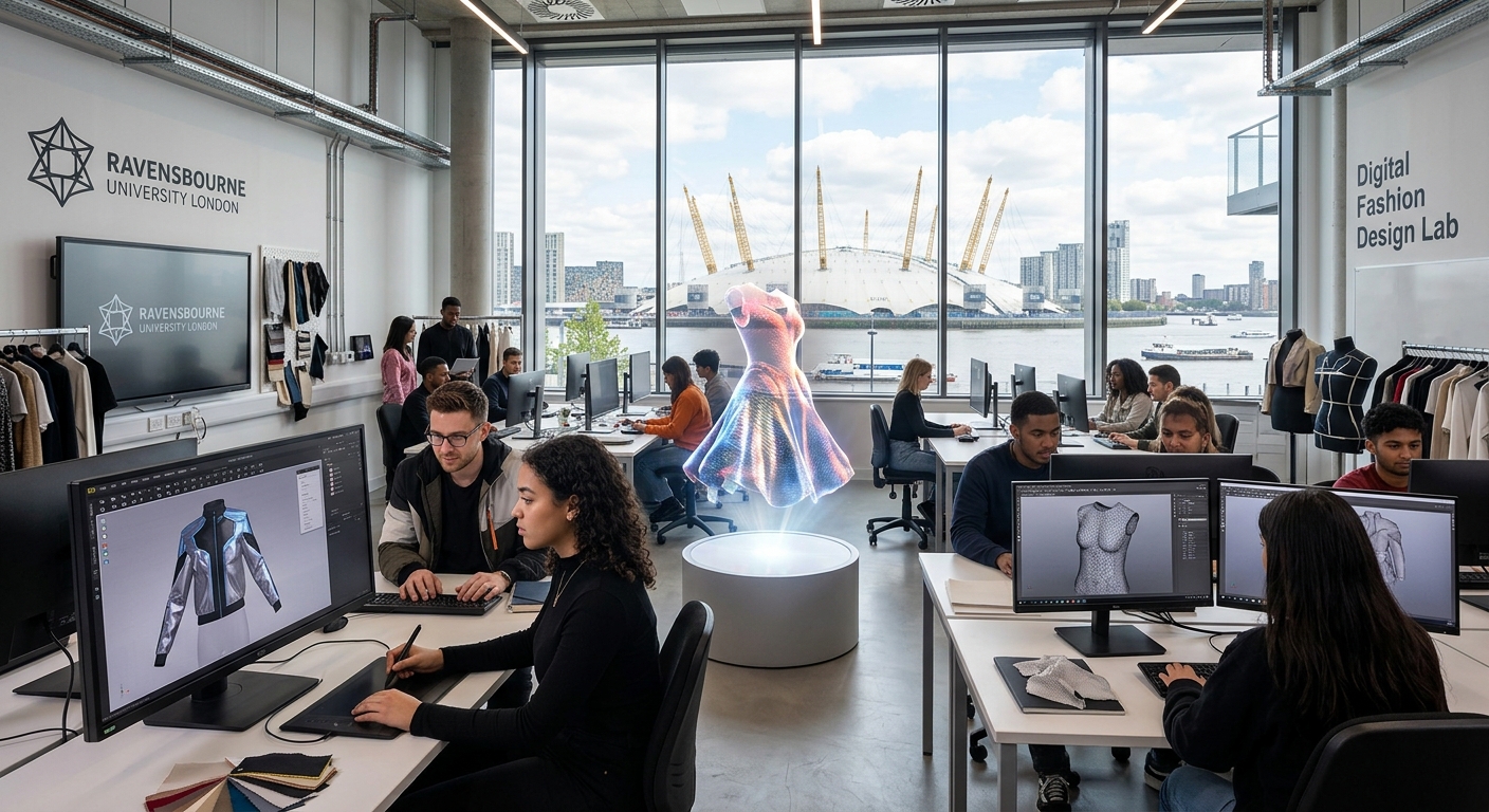 Modern futuristic fashion design studio at Ravensbourne University London, students working on 3D digital fashion designs on large screens, holographic clothing projections, sleek contemporary architecture with the O2 Arena visible through floor-to-ceiling windows, Greenwich Peninsula setting