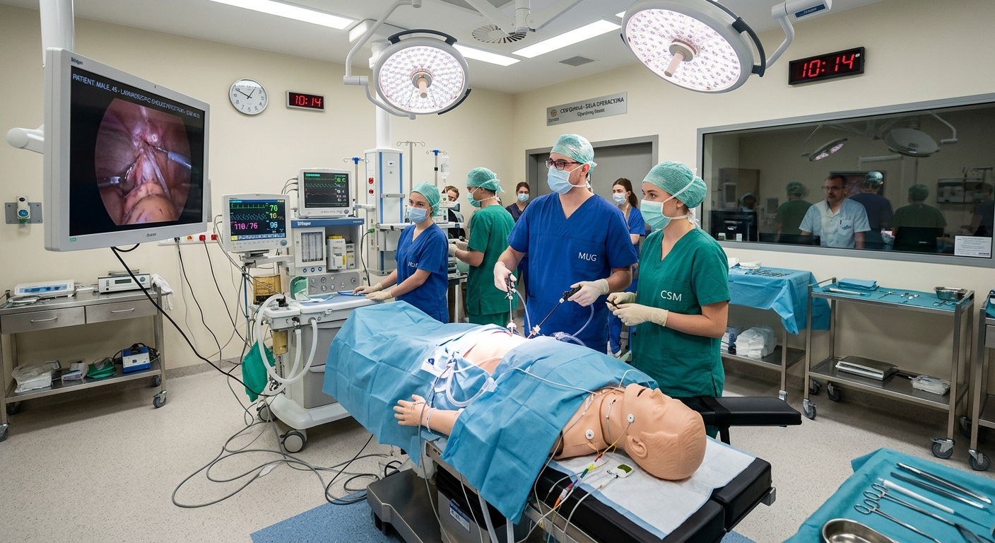 Medical Simulation Centre interior at MUG, high-fidelity patient simulators, operating theatre setup, students practicing clinical procedures