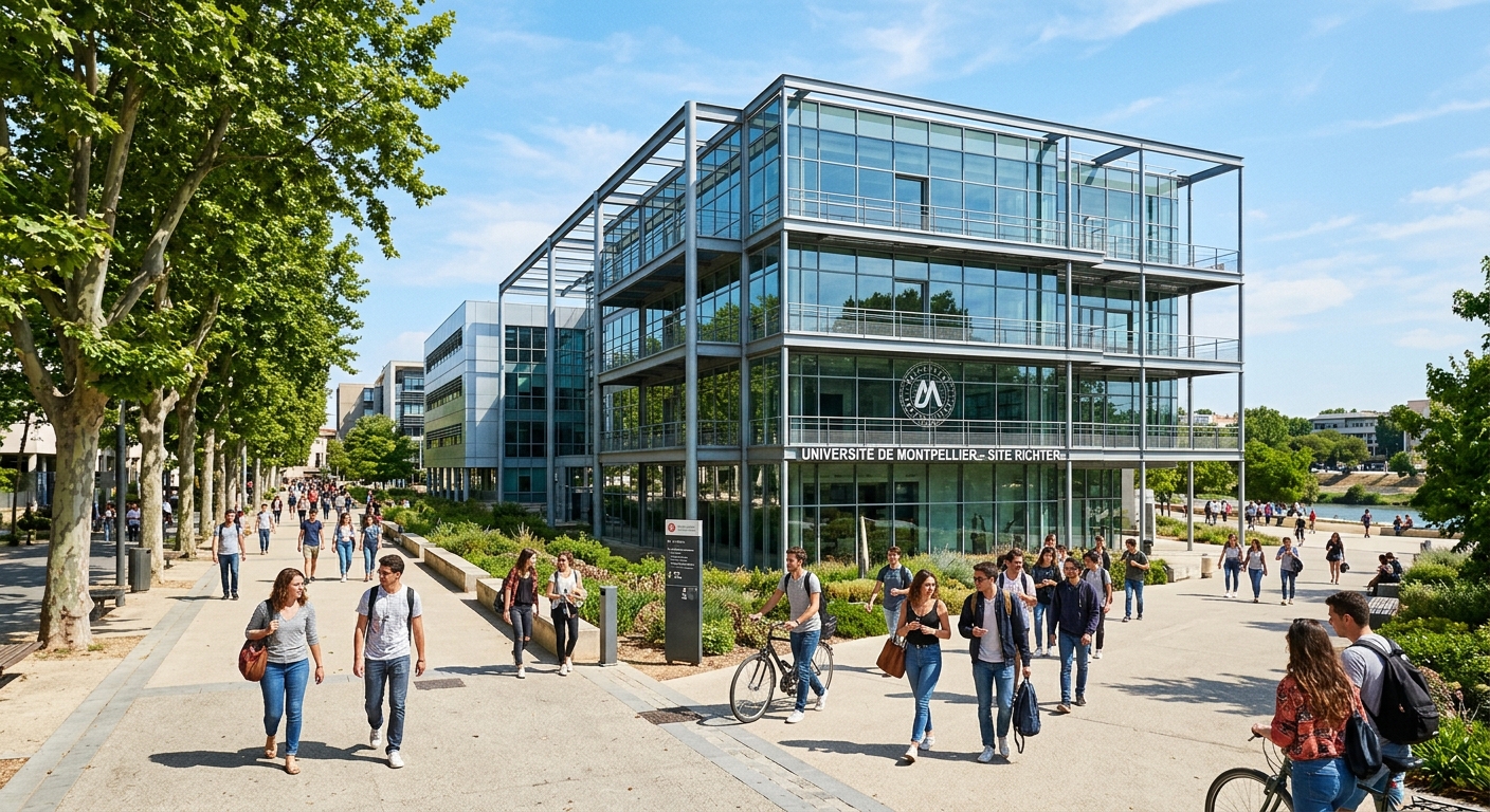 Modern Richter campus of Université de Montpellier, contemporary glass and steel buildings, students walking along tree-lined pathways, sunny day
